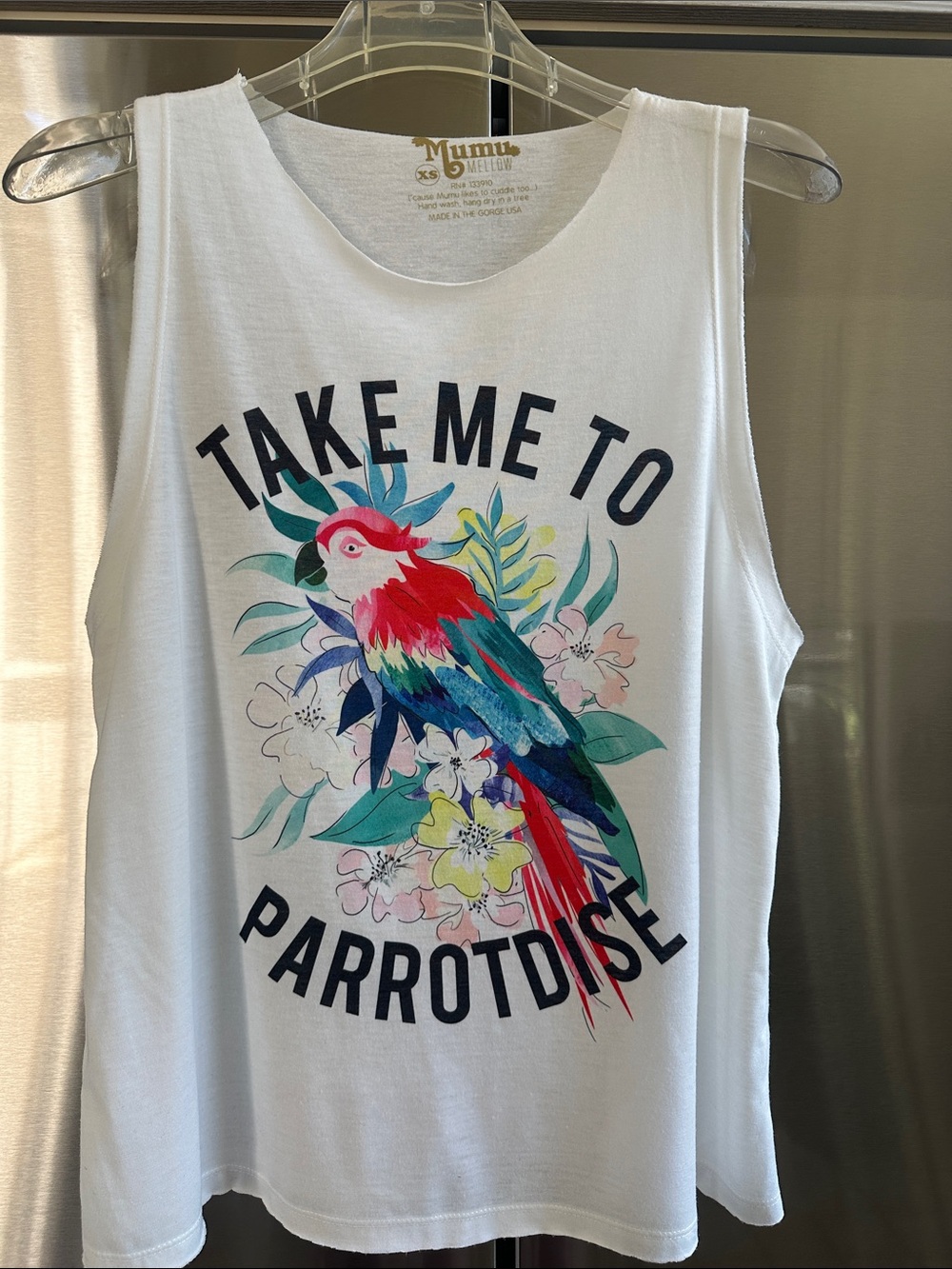Mumu White 'Take Me to Parrot-dise' Graphic Muscle Tank